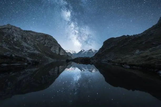 Landscape view of the milky way reflecting in a mountain lake with snowy mountain range in the background, shot at Lac de Louvie in Wallis Switzerland