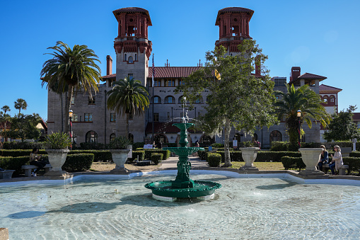 St. Augustine, Florida - December 28, 2022: Fountain at the Lightner Museum in the downtown historic district
