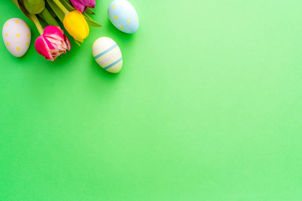istock Easter eggs and tulips on green background. Copy space 1477813131