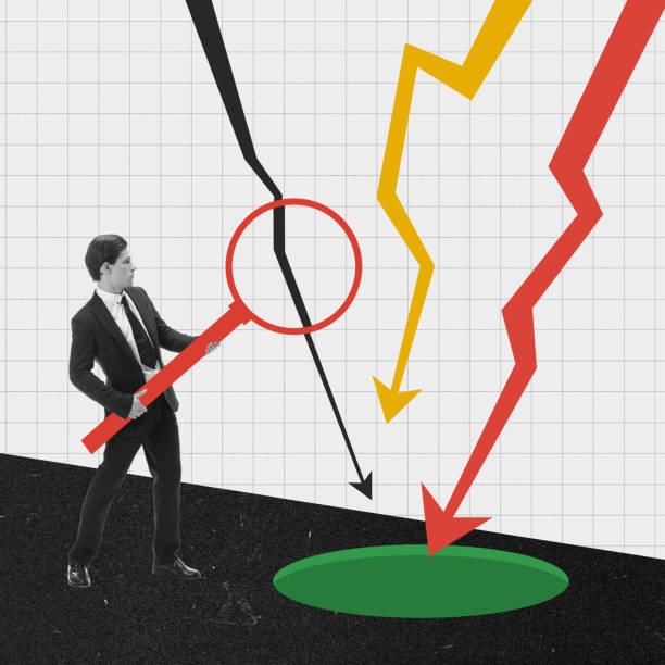 istock Analytics and strategies. Male employee, office worker with magnifying glass looking on analytical arrows, graphs. Contemporary art collage. 1477813794