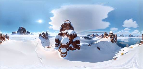 360 panorama view of a snowy mountainscape. Seamless HDRI skybox as background in equirectangular spherical projection for VR content.