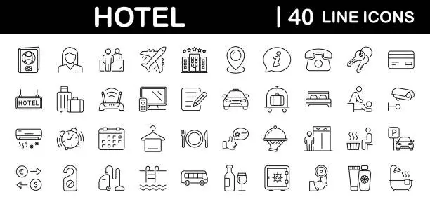 Vector illustration of Hotel set of web icons in line style. Hotel and vacation icons for web and mobile app. Hotel services, recreational rest, relax, travel. Vector illustration