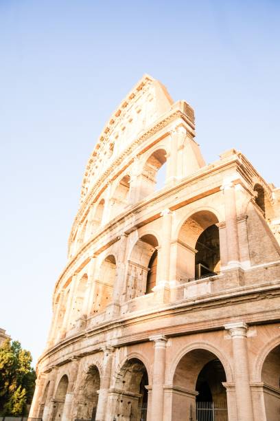 scatto a bassa angolazione del muro esterno del colosseo in una giornata di sole. roma, italia. - light nobody coliseum vertical foto e immagini stock