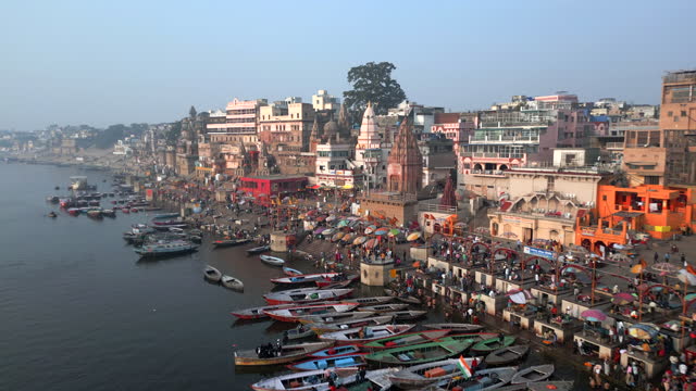 Aerial View of the Varanasi Ghats on the Banks of the Sacred Ganges River at Sunrise in Varanasi, India