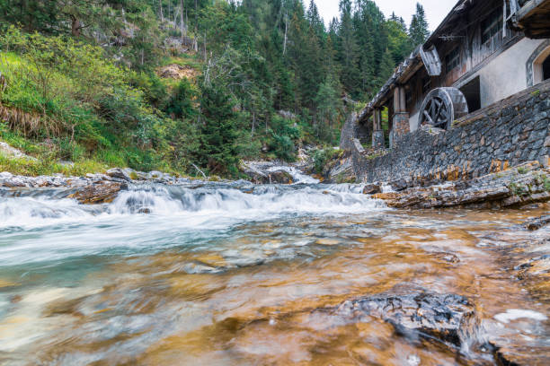 Meadows, lakes and streams in the Dolomites. Mountains with summer colors and greenery.
