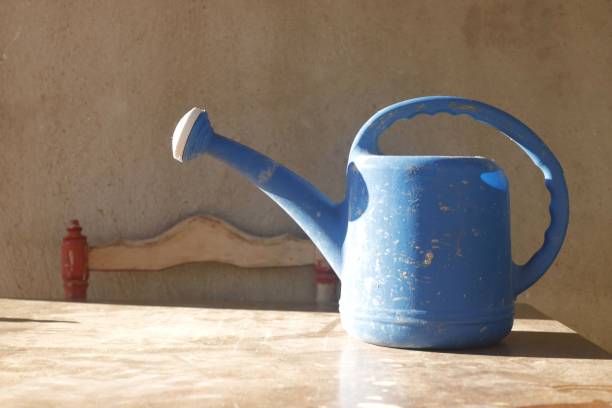istock Blue watering can on a wooden table 1477815843