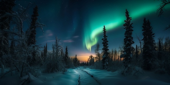 A magical winter landscape illuminated by a stunning aurora borealis, with a lush forest blanketed in snow and rays of sunshine peeking through the clouds
