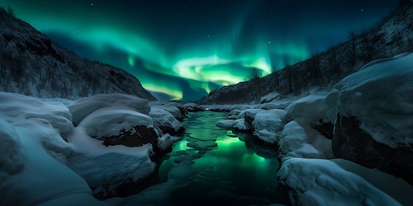 An awe-inspiring view of the northern lights illuminating the night sky, with a river running through the foreground featuring snow and ice on the ground