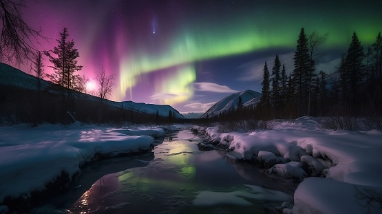 A gorgeous night time landscape featuring a tranquil river illuminated by the vibrant Northern Lights in the sky, surrounded by a thicket of trees