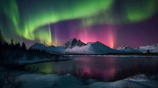 A spectacular view of the night sky in Alaska, featuring a vibrant, swirling display of the Aurora Borealis above a distant mountain range