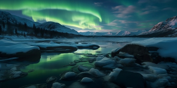 This stunning winter photograph by Adam O'Connor features a beautiful display of aurora borealis lights dancing above the snow-capped mountain peaks