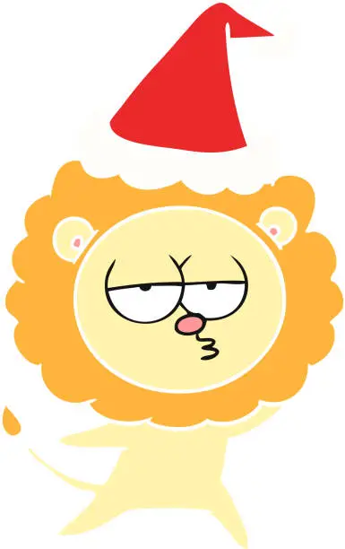 Vector illustration of hand drawn flat color illustration of a bored lion wearing santa hat