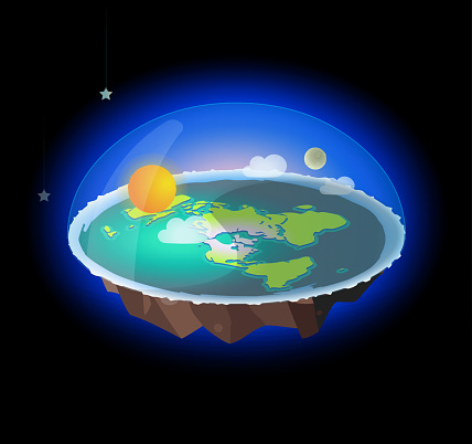 flat earth concept illustration. ancient cosmology model and modern pseudoscientific conspiracy theory.