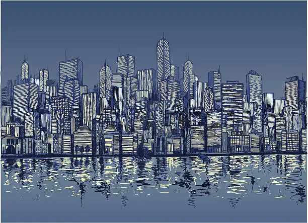 Vector illustration of Blue sketch of city skyline by water at night
