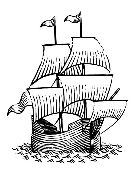 vektorzeichnung eines alten segelschiffes - piratenschiff stock-grafiken, -clipart, -cartoons und -symbole