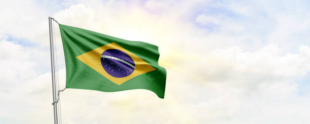 istock Brazil flag waving on sky background. 3D Rendering 1477829202
