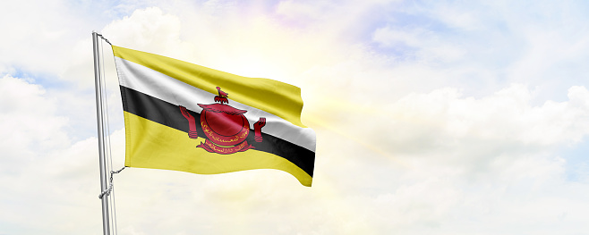 Brunei flag waving on sky background. 3D Rendering