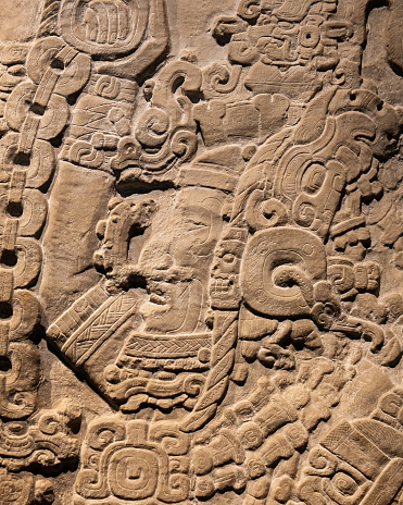 Maya bas relief carving of a king from mayan city state of Tikal in Guatemala. Photographed in Mexico City, Mexico.