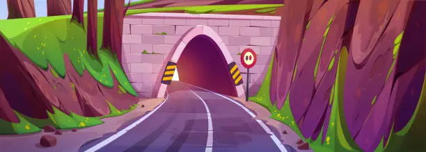Vector illustration of Cartoon road going through tunnel in mountain