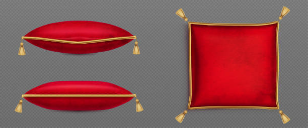 ilustrações, clipart, desenhos animados e ícones de almofadas de veludo vermelho decoradas borlas de cordão de ouro - pillow cushion red textile