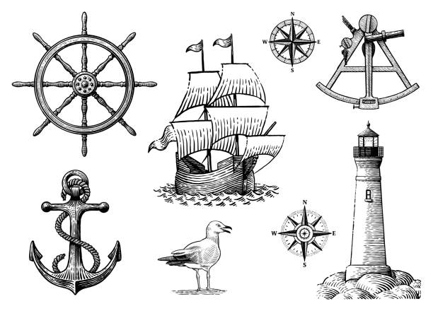 Set of vector drawings related to sailing Old, engraving style illustration of steering wheel, anchor, seagull, compass rose, ship, lighthouse and sextant. Ship stock illustrations