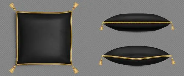 Vector illustration of Black velvet pillows decorated gold cord tassels
