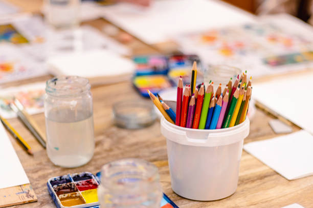 Watercolor Workshop. School Supplies. Jar with colored pencils.