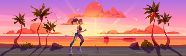 Vector illustration of Woman run on palm road at sunset vector background