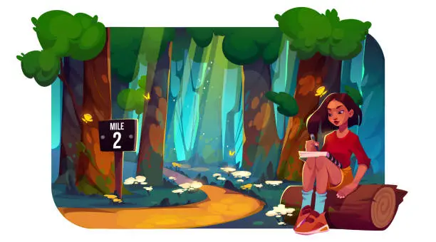 Vector illustration of Inspired girl writing diary notes in forest