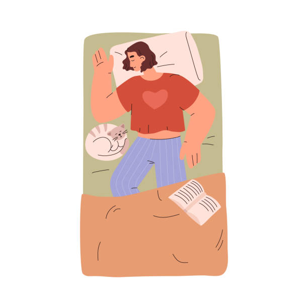 śliczna śpiąca kobieta z kotem i otwartą książką widok z góry w płaskim stylu - cushion pillow heart shape multi colored stock illustrations