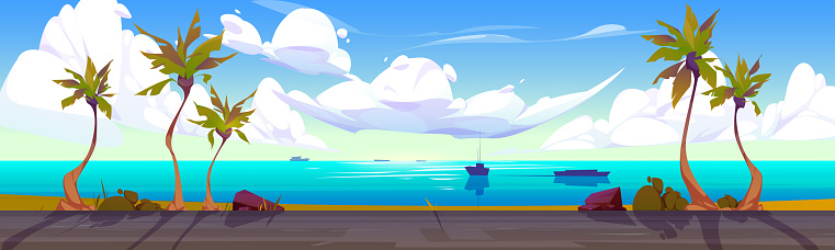 Summer tropical background with palm trees and empty asphalt road. Sea coast landscape and blue water surface with ships on skyline, sky with white clouds cartoon vector illustration