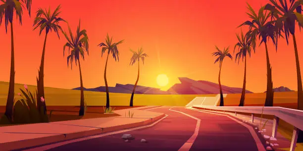 Vector illustration of Empty asphalt road with palm trees, tropic sunset