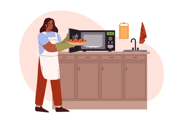 Vector illustration of Smiling woman in kitchen gloves takes cake out of microwave oven flat style