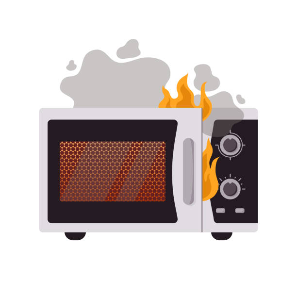 Broken microwave oven with fire and smoke flat style Broken microwave oven with fire and smoke flat style, vector illustration isolated on white background. Kitchen equipment, design element, damaged device appliance fire stock illustrations