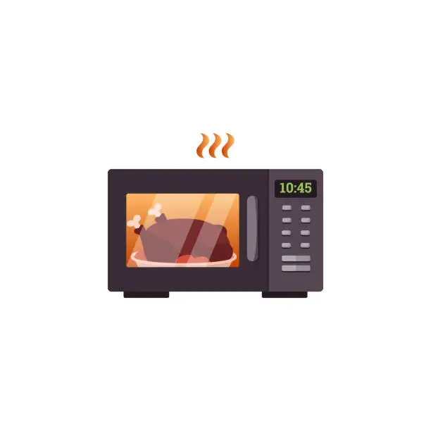 Vector illustration of Chicken cooking in microwave oven, flat vector illustration isolated on white background.