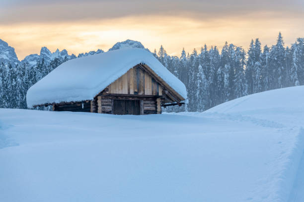 Magical atmosphere of snow and ice in Sappada, as it prepares to fall in the evening.