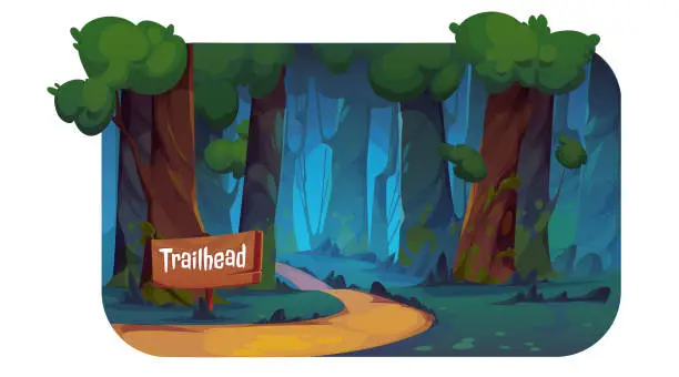 Vector illustration of Cartoon forest trail with wooden trailhead sign