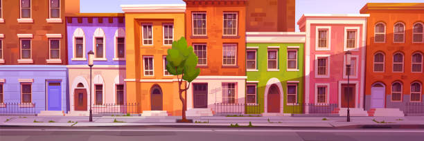 London street with houses in georgian style London street with houses and buildings in georgian style. British town real property exterior. Old residential buildings in Marylebone or Mayfair in London, vector cartoon illustration victorian house stock illustrations