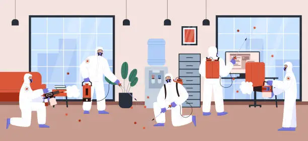 Vector illustration of Disinfection service workers cleaning office room, flat vector illustration.