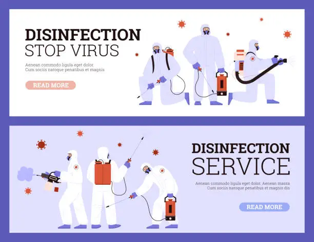 Vector illustration of Antiviral disinfection service banners set, flat vector illustration.