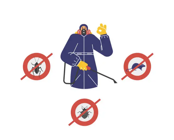 Vector illustration of Pest control specialist showing okay gesture flat style, vector illustration