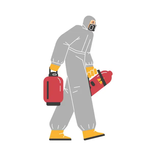 Vector illustration of Pest control specialist in gray protective suit carries two red balloons flat style
