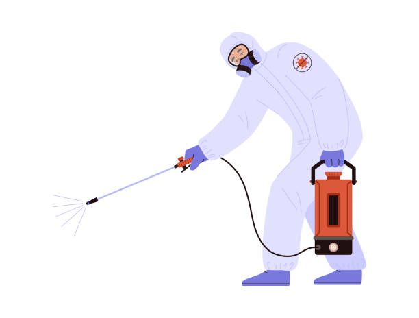 istock Man in protective suit bent over and disinfects with special equipment flat style 1477837221