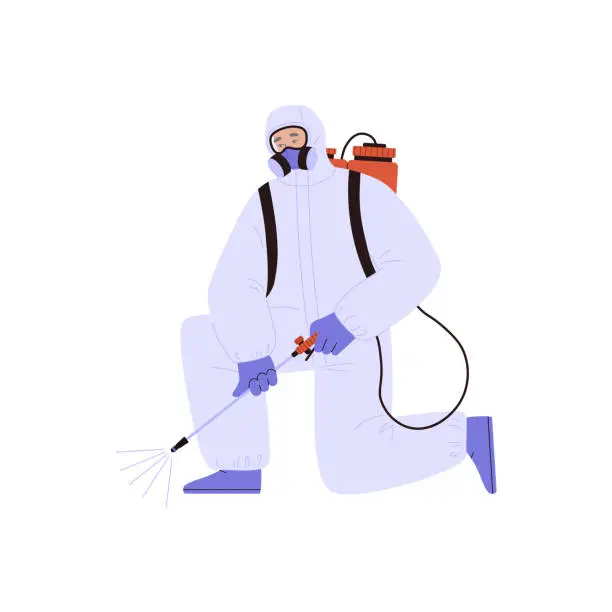 Vector illustration of Man in protection suit, disinfection process flat style