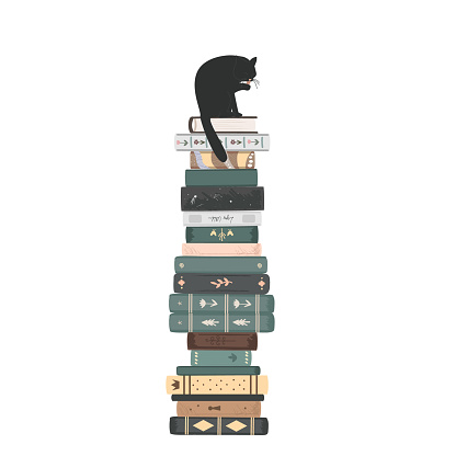 High pile of vintage books with a big black cat on the top. Standing books composition isolated on white background. Home library. Vector illustration