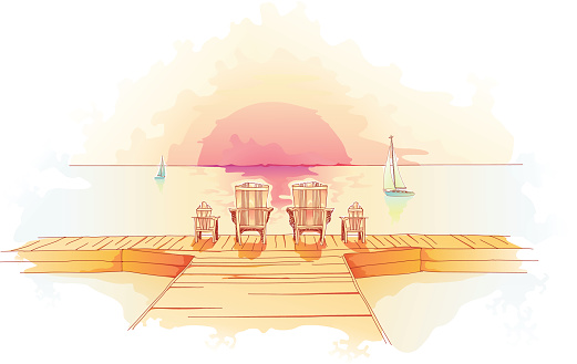 A stylized illustration of a deck with four chairs during sunset. (includes jpg)