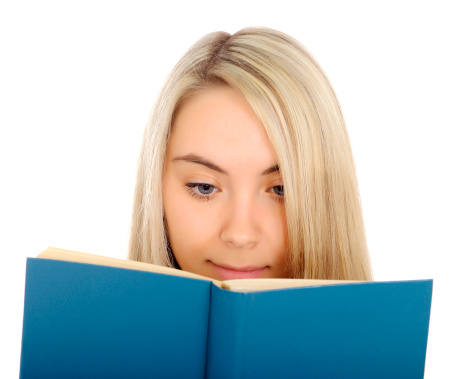 Girl  with open book. On a white background