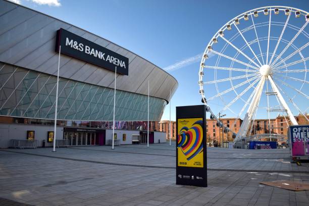 m&s bank arena in liverpool, advertising eurovision song contest 2023 - liverpool stadium built structure building exterior imagens e fotografias de stock