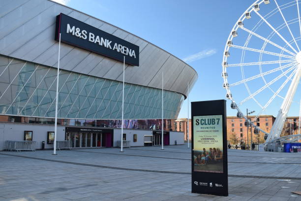 m&s bank arena in liverpool, merseyside, advertising s club 7's reunion - liverpool stadium built structure building exterior imagens e fotografias de stock