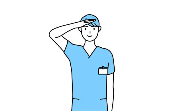 Vector illustration of Male nurse, physical therapist, occupational therapist, speech therapist, nursing assistant in Uniform making a salute.